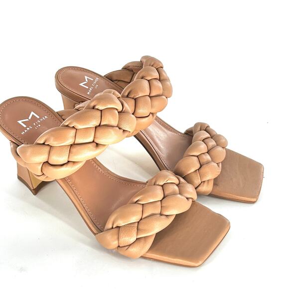 Marc Fisher Hammy Slide Heels 6 NWOT Tan Leather Square Toe Slip On Braided Mule - Picture 6 of 8